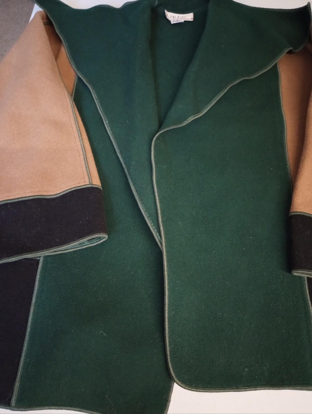 Mrs. H. Winter Colorblock Wool Open Jacket — Green & Tan Petite